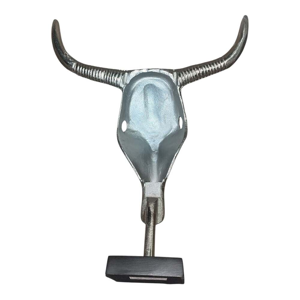 Silver Aluminum Longhorn Steer Bull Skull Tabletop Decor on Black Stand